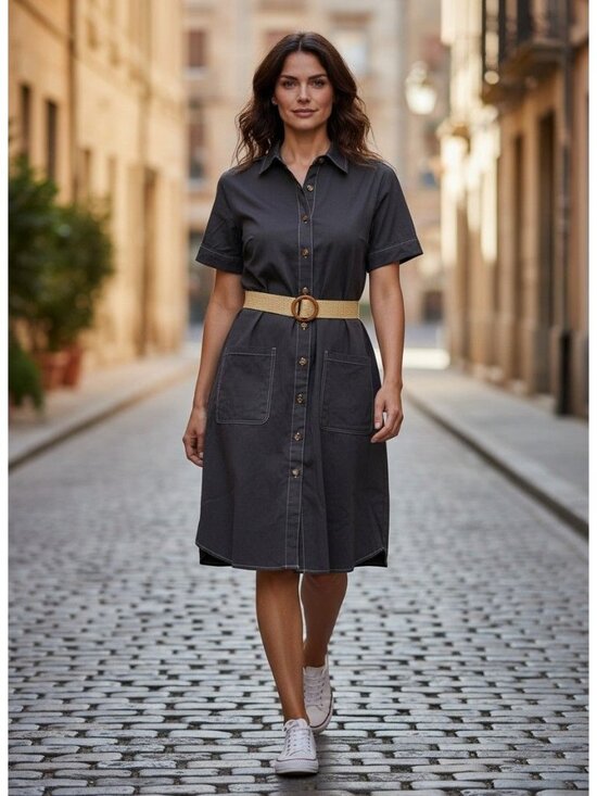 New Glory Dresses & Skirts - New Glory Black Shirt Dress Belt Short Sleeves Button Front Cotton Fabric S